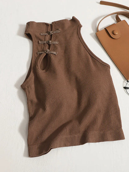 ITOOLIN Women Vintage Chinese Button Tank Tops With Bra Pad Halter Tops O-Neck Elegant Crop Tops Off Shoulder Tops For Women
