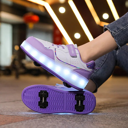 Roller Skate Shoes - Kids LED Light Sneakers With Hook & Loop Closure