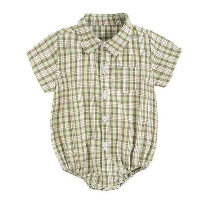 Baby Boys Bodysuit - Soft Cotton Fabric Summer Baby Bodysuit with Plaid Pattern