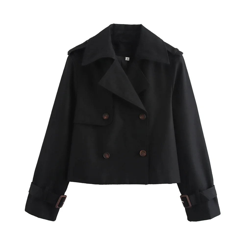 Vintage Cropped Trench Jacket – Women's Spring Jacket With Double Breasted Closure