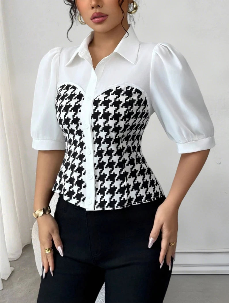 Women's Blouse Spring Summer Black White Tops Houndstooth Patchwork Collar Puff Sleeve Valentine's Day Elegant Casual Daily Top