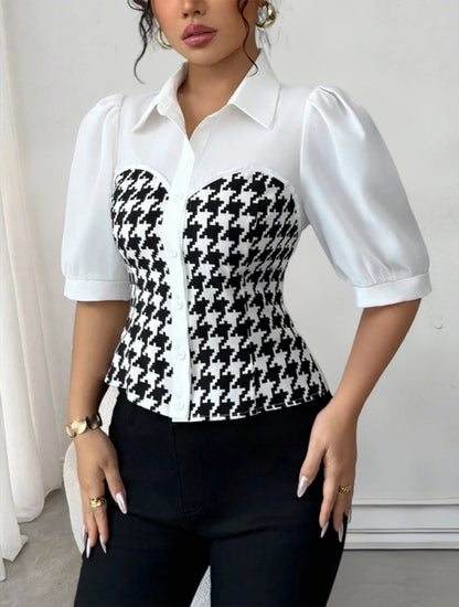 Women's Blouse Spring Summer Black White Tops Houndstooth Patchwork Collar Puff Sleeve Valentine's Day Elegant Casual Daily Top