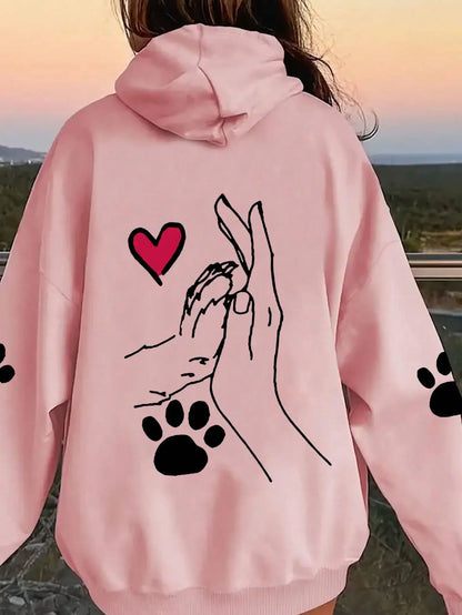 Ladies' casual and elegant polyester hoodie with dog and heart-shaped paw prints, hoodie, animal pattern