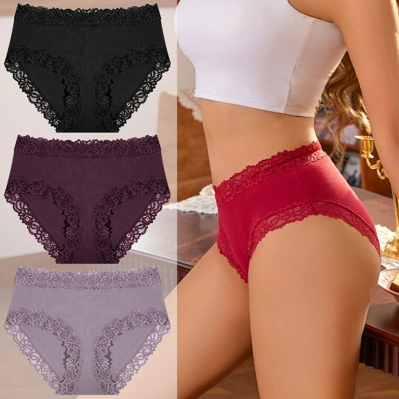 3PCS/Set Women Cotton Panties Lace Low Waist Briefs Trendy Patchwork Lace Intimate Underwear Stretch Comfortable Ladies Lingerie