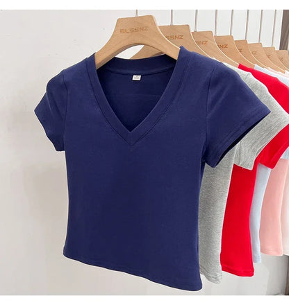 Summer Sexy V-neck Slim T Shirt Women Cotton Basic Solid Crop Tops Female Casual Tops Short Sleeve T-shirts 2026