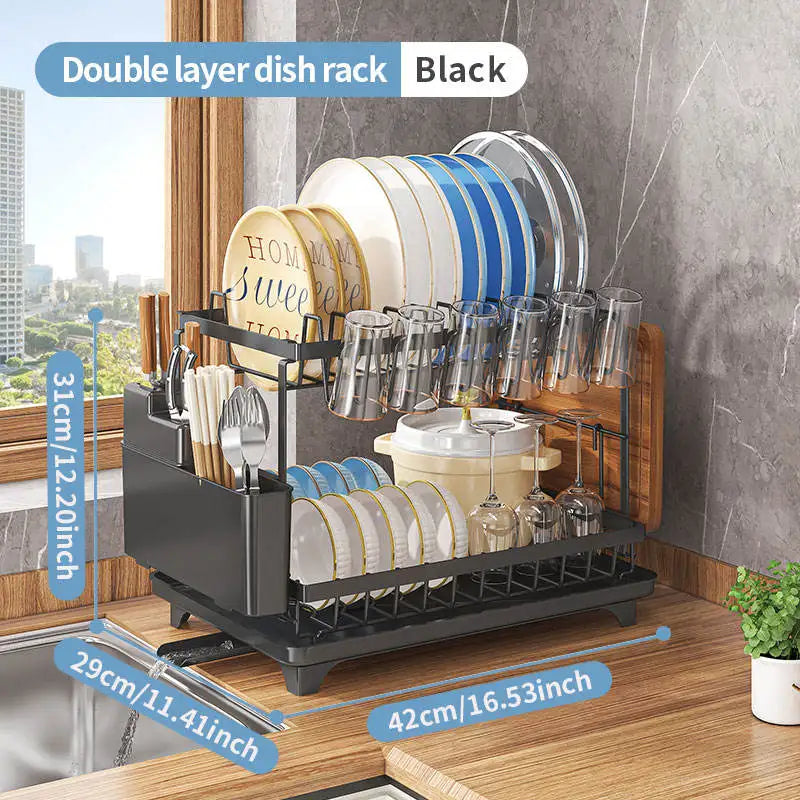 2-Tier Dish Rack – Durable Metal Dish Drainer with Utensil Holder & Drainage Tray