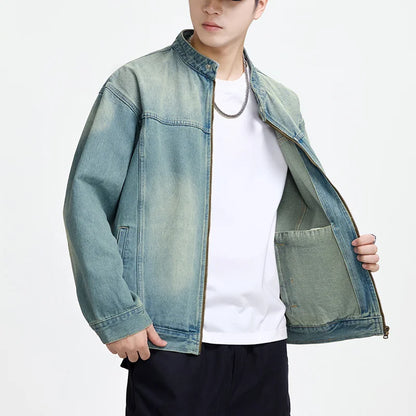 Men's Casual Non-Stretch Denim Jacket High Street Style Zipper Loose Workwear Jacket Plus Size Trendy Streetwear Top