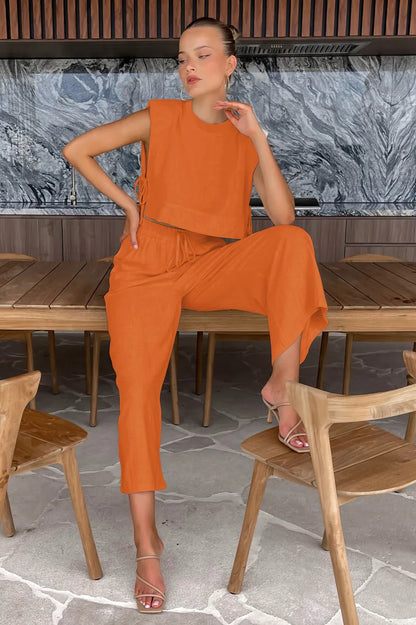 Spring Summer 2025 Women Holiday Linen Pant Set Crop Tops Solid Outfits 2 Two Piece Matching Set For Women