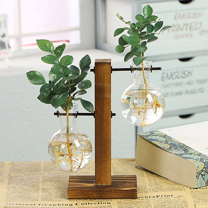 Glass Desktop Planter with Wooden Stand - Hydroponic Bulb Vase for Home Decor