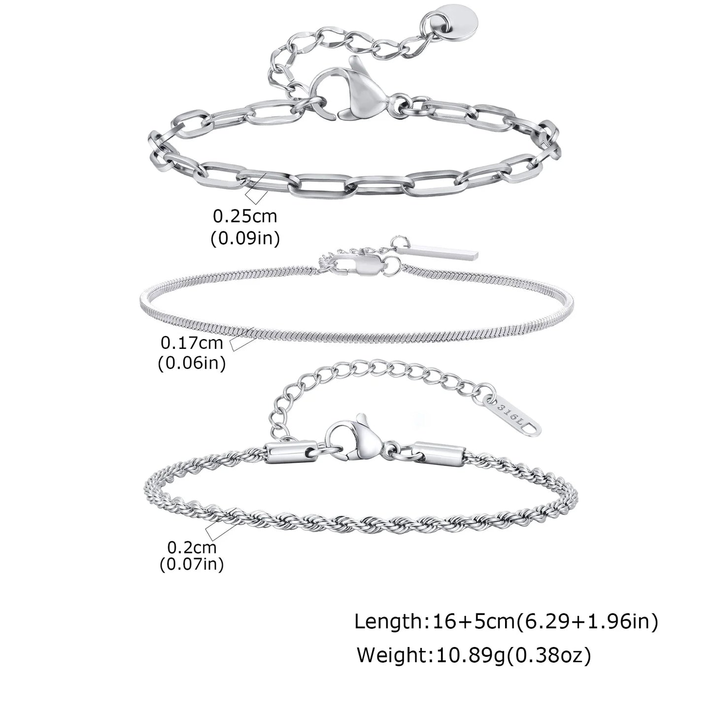 3pcs Men Thin Chain Bracelet,Never Fade Silver Color Twist Chain Wristband,Stylish Punk Jewelry Gift for Husband Father Son