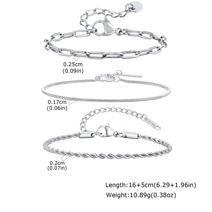 3pcs Men Thin Chain Bracelet,Never Fade Silver Color Twist Chain Wristband,Stylish Punk Jewelry Gift for Husband Father Son