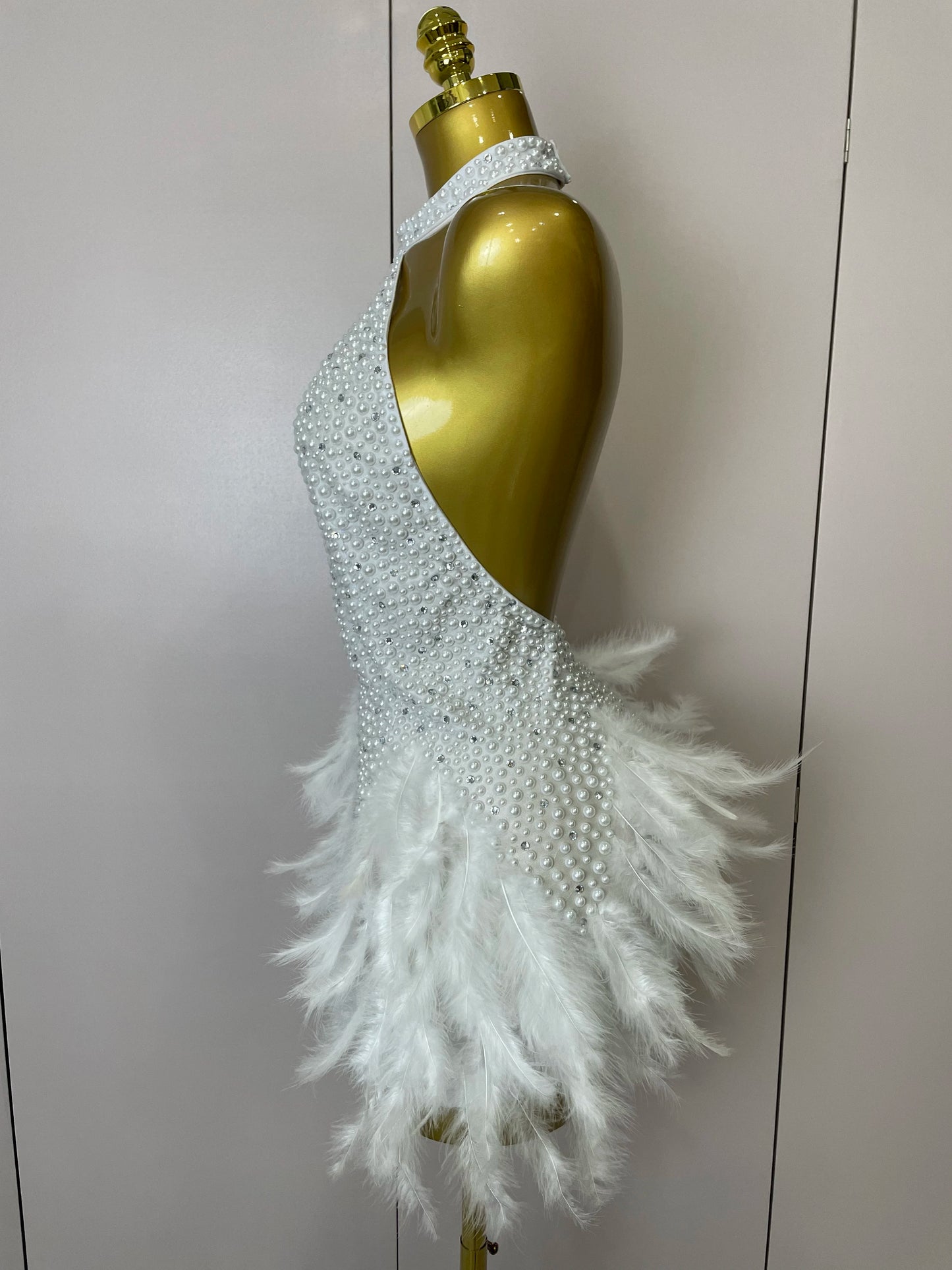 Backless Halter Dress - Women's Party Mini Sheath With Rhinestone & Feather Details