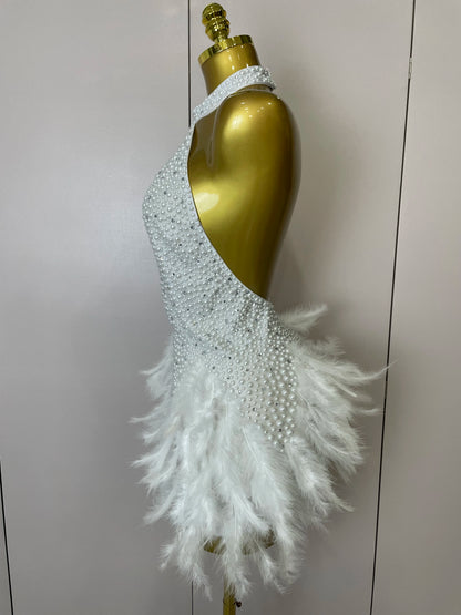 Backless Halter Dress - Women's Party Mini Sheath With Rhinestone & Feather Details