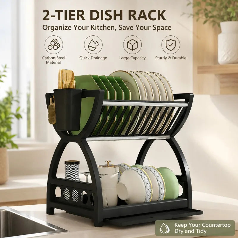 2-Tier Dish Drying Rack Kitchen Countertop Drainer Shelf Large Capacity Bowl Plate Organizer Space Saver with Utensil Holder