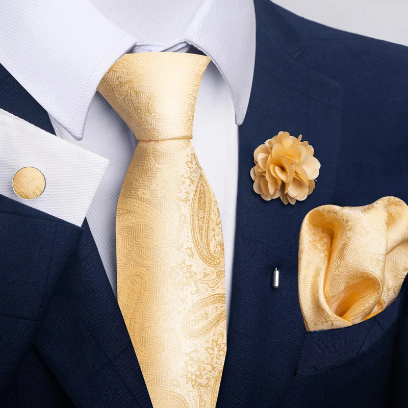 Luxury Mens Floral Black Gold Tie Set - Paisley Necktie Pocket Square Cufflinks  Brooch for Weddings and Parties