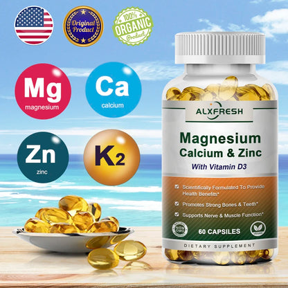 Alxfresh Calcium Magnesium Zinc & Vitamin D3 Capsules for Immune System, Bone, Nervous System Health Support | Non-GMO, Vegan
