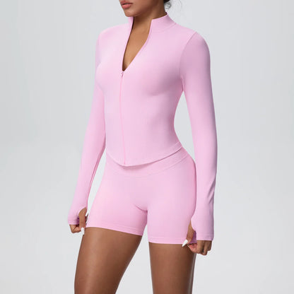 Women Gym Set - Seamless Yoga Suit With Zip Shirt & Cycling Shorts Activewear