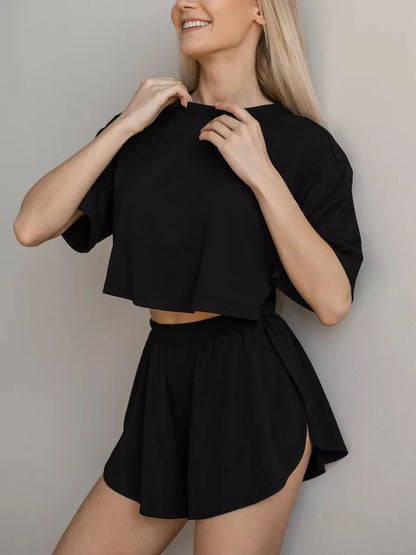 2026 New women's sexy pajama set short sleeved T-shirt split shorts pajama 2-piece set casual round neck elastic home wear