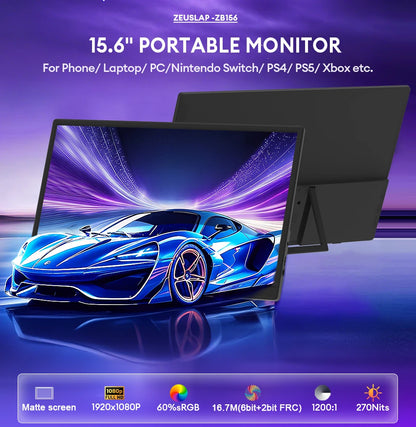 Portable Monitor - ZEUSLAP 15.6 Inch Full HD IPS Panel USB-C HDMI Display