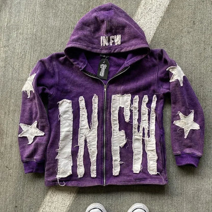 Autumn And Winter Hoodie Patchwork Letter Star Pattern Long Sleeved Pullover Hoodie Harajuku Fashionable Loose Versatile Jackets