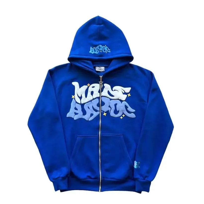 New trendy retro American letter-zippered hooded sweatshirt, unisex millennium-style jacket for autumn and winter