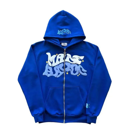 New trendy retro American letter-zippered hooded sweatshirt, unisex millennium-style jacket for autumn and winter