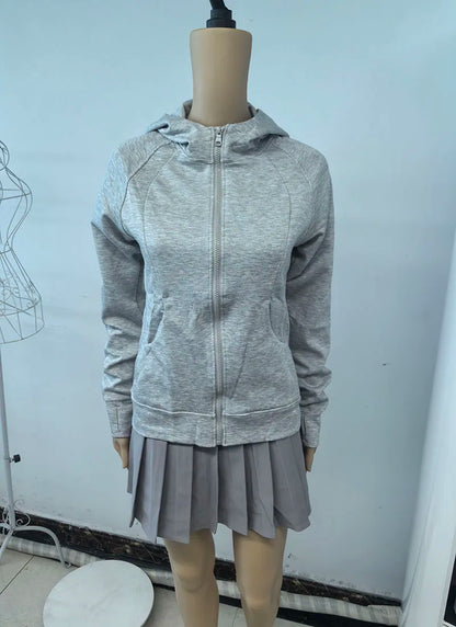 Gray Zipper Hooded Sweatshirt Women 2026 New Korean Slim Fit Cardigan Long Sleeve Coat Woman Solid Pockets Sports Hoodies Jacket