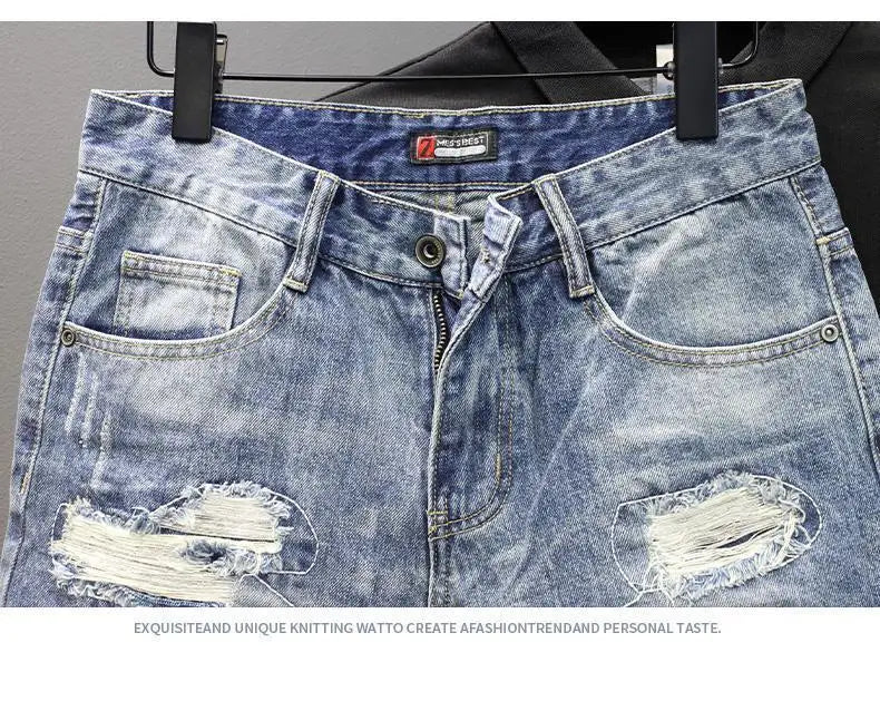 Men's Denim Shorts – Slim Fit Casual Knee Length Pants With Ripped Patch Detail