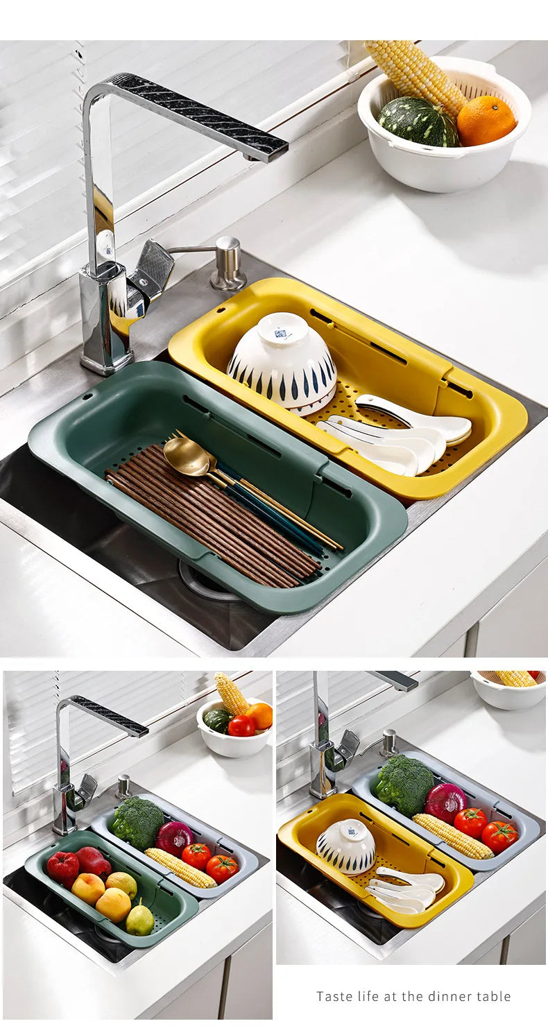 Sink Drain Rack – Adjustable Retractable Kitchen Shelf with Plastic Drain Basket