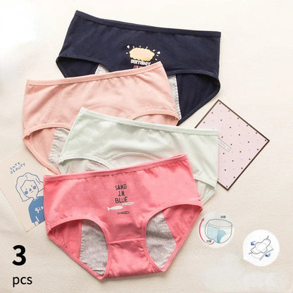 3PCS Cute Cartoon Period Underwear for Girls  Leakproof Teen Menstrual Panties 4-Layer Absorbent Reusable Washable Underwear