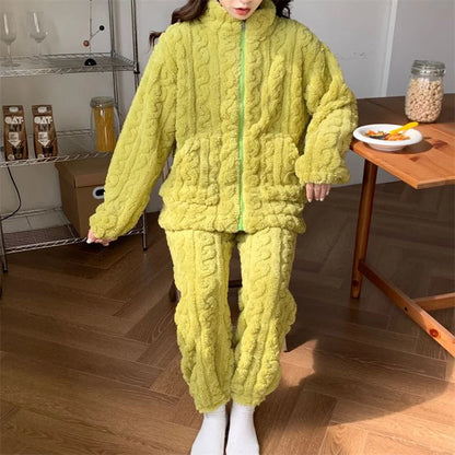 Autumn Winter Sweet Coral Fleece Pajamas Women Fleece-lined Thickened 2023 New Zip-up Flannel Warm Home Wear Set