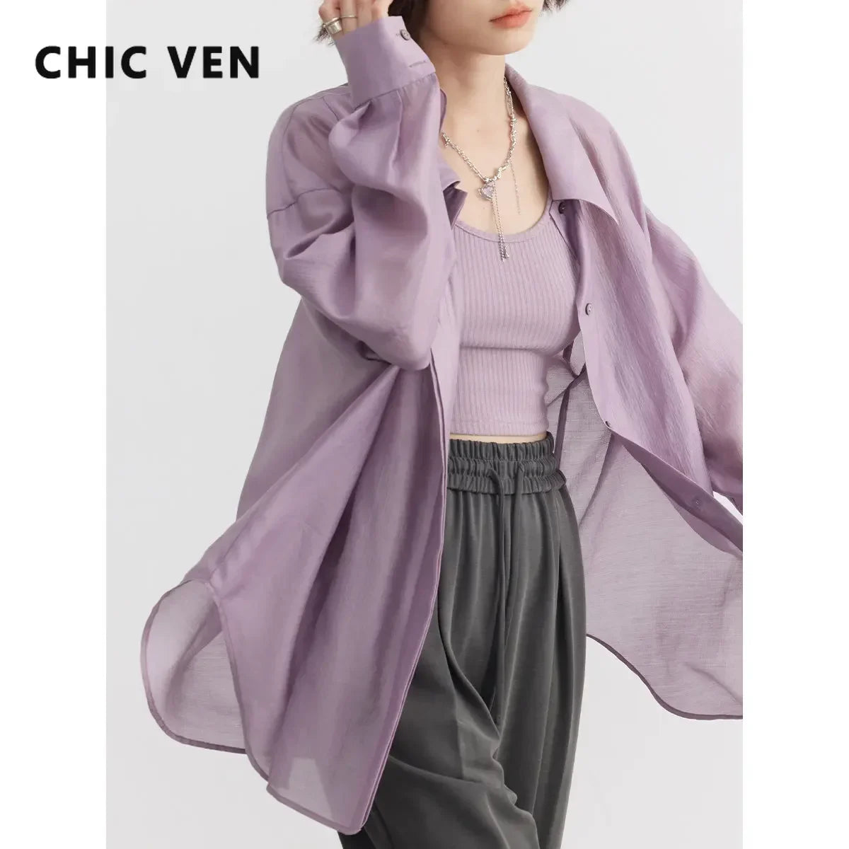 CHIC VEN Women Thin Shirt Long Sleeve Casual Loose Slightly Transparent Cool Blouses Woman Solid Design Female Top Summer 2026