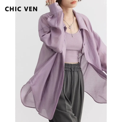 CHIC VEN Women Thin Shirt Long Sleeve Casual Loose Slightly Transparent Cool Blouses Woman Solid Design Female Top Summer 2026