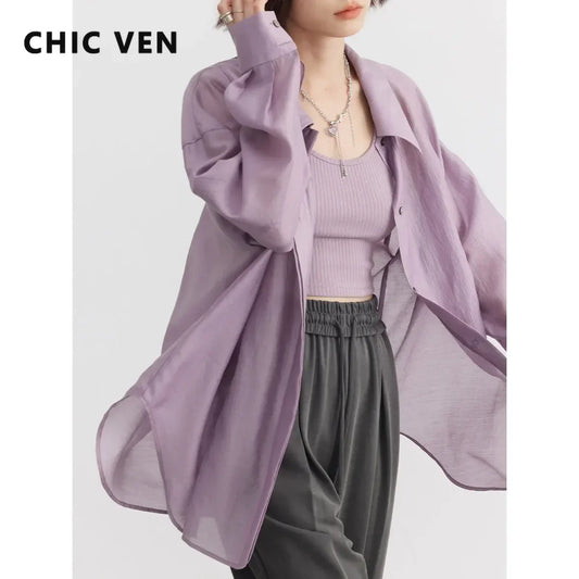 CHIC VEN Women Thin Shirt Long Sleeve Casual Loose Slightly Transparent Cool Blouses Woman Solid Design Female Top Summer 2026