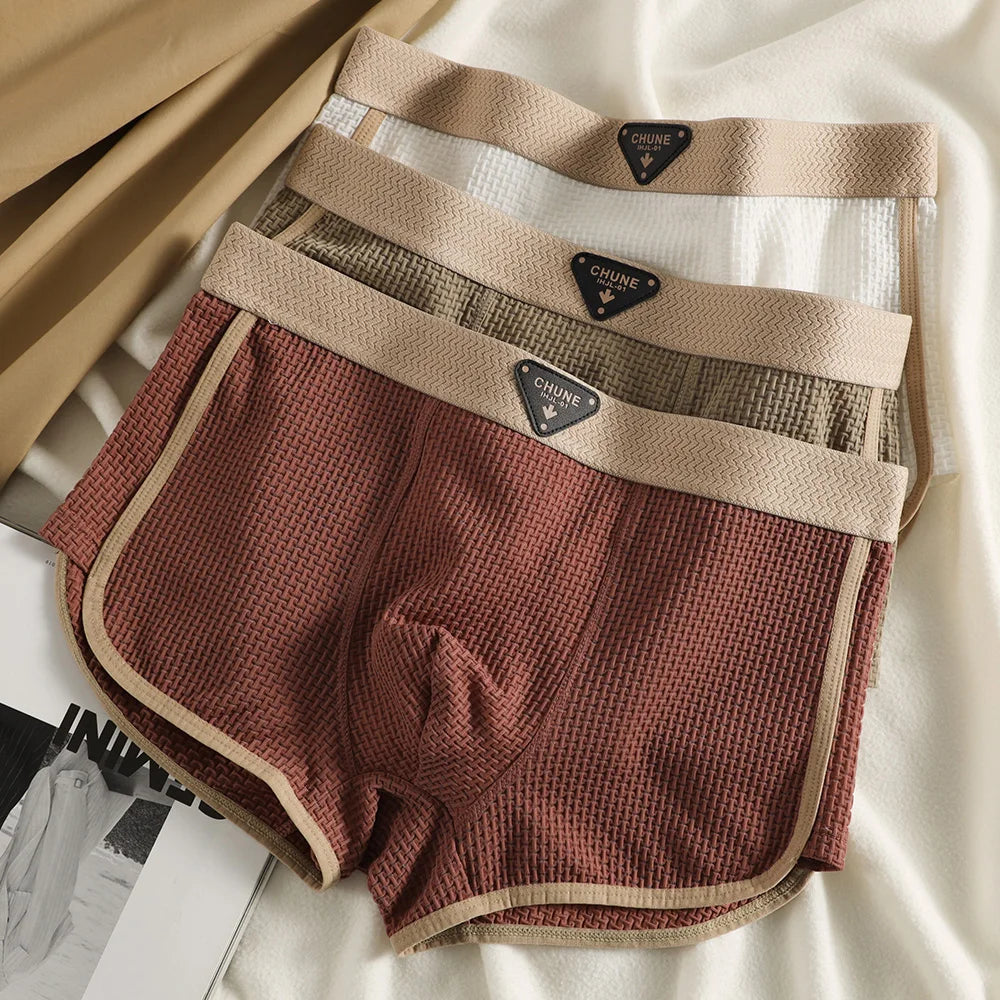 3PCS/Pack Fashion Ice Silk Knitted Plaid Boxers Breathable Comfort Mesh Crotch Underpants Super Soft High Elastic Men's Panties