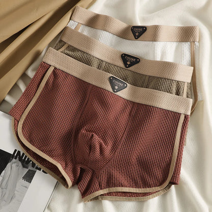 3PCS/Pack Fashion Ice Silk Knitted Plaid Boxers Breathable Comfort Mesh Crotch Underpants Super Soft High Elastic Men's Panties