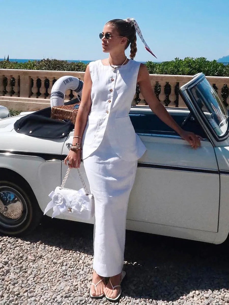 Bornladies Women's Sleeveless Vest High Waisted Skirt Set Spring Summer New Linen Casual Suit Fashion Office Lady Vest Set