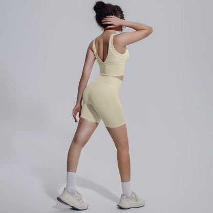 Solid Color Summer Yoga Set Woman's Sexy Backless Yoga Underwear with Chest Pad Quick-Dry Hip Push Up Fitness Shorts Sportswear