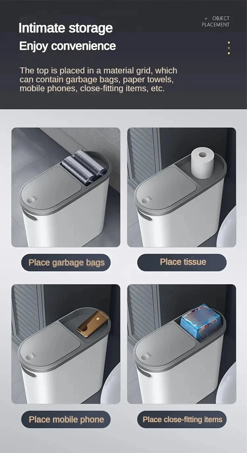 Slim Trash Bin with Lid - Space Saving Design for Bathroom Kitchen Living Room