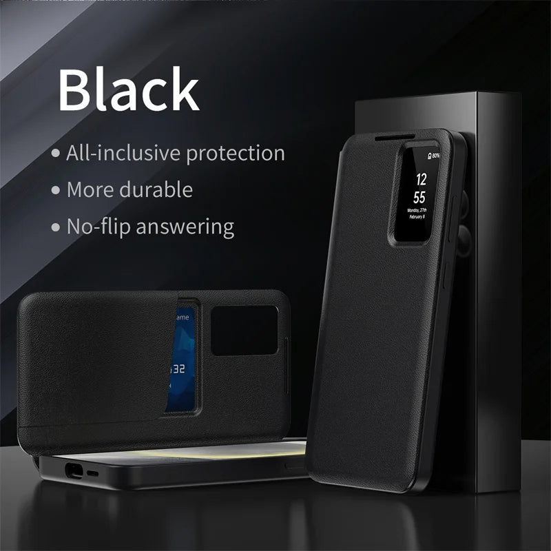 For Samsung Galaxy S25 S23 S24 S26 Ultra S25Plus Case Original PU Leather Card Pocke Flip Smart Display Transparent Window Cover