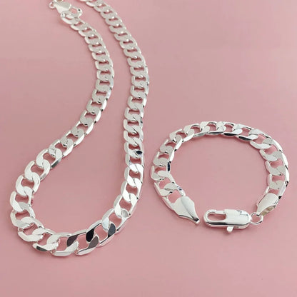 925 sterling silver 12MM side chain bracelet 23CM necklace jewelry set, suitable for men's daily wear