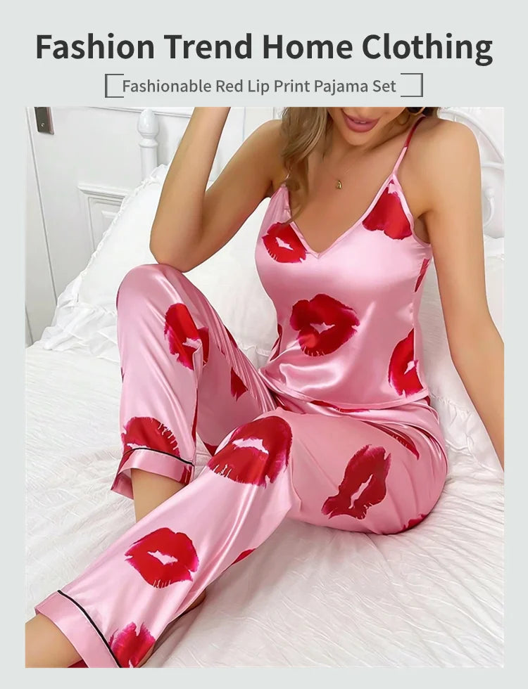 Women's Satin Pajama Set with Lip Print V-Neck Cami Top and Elastic Pants For Women Pijama Comfortable Sleep and Loungwear