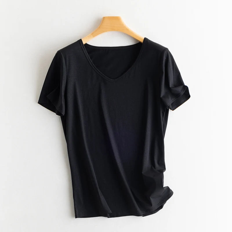 Women's V-Neck T-Shirt – Silk-Linen-Cotton Solid Summer Tee