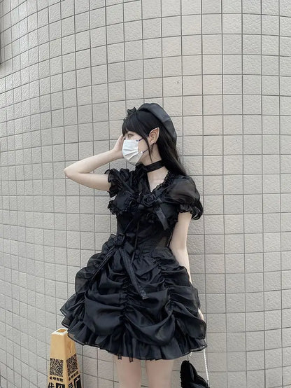 Lolita Women Summer Crop Blouse  Y2k  Sweet Bandage JK Blusas Capes Cosplay Harajuku Ruffled Puff Sleeve Shirt Kawaii Mujer