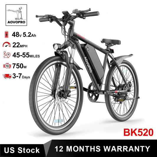 AOVOPRO BK520 26'' Electric Bicycle 750W Motor 48V 5.2AH Battery 22mph 7 Speed Mode 45miles Long Range Electric Bike for Adult