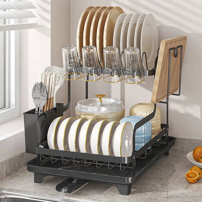 Dish Drying Rack - Over Sink Drainer with Utensil Holder, Foldable Two Tier, Auto Draining