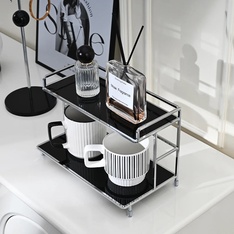 Metal Desk Organizer - Double Layer Desktop Storage Rack for Cup, Cosmetics & Bathroom