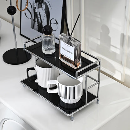 Metal Desk Organizer - Double Layer Desktop Storage Rack for Cup, Cosmetics & Bathroom