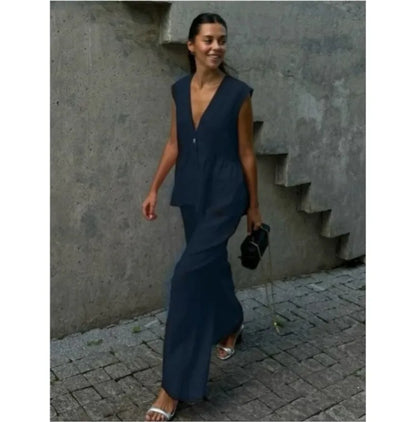 Fashion Women's Trouser Suits Sleeveless V-Neck Top Women Casual Straight Pants Sets Summer Women's Suit Commuter 2 Piece Set