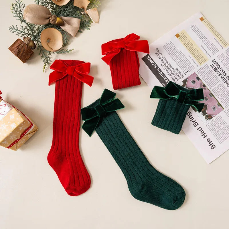 Kids Christmas Girls Socks Autumn Winter Toddlers Red Bowknot Baby Knee High Long Sock Soft Cotton Children Socken For 0-5 Years